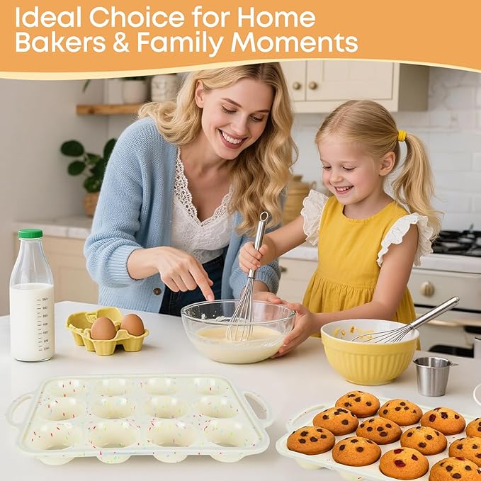 Spmarkt 2-Pack 12-Cup Silicone Cupcake Pan, Nonstick Flexible Muffin Pan, Dishwasher Safe Muffin Tray with Handles, Seamless Silicone Muffin Tin for Baking Egg Bites & Cupcakes