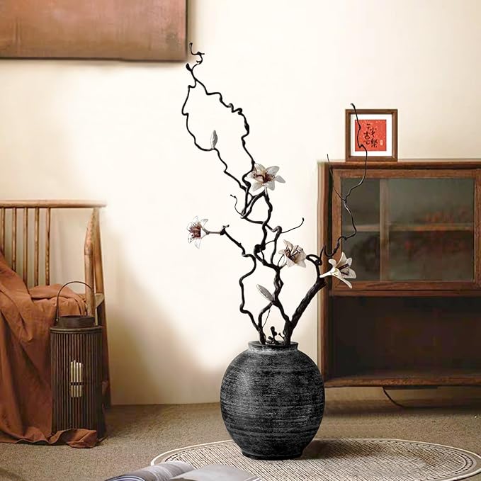Large Black Ceramic Vase Home Decor, Round Farmhouse Table & Floor Vases Rustic Vintage Living Room Entrway Kitchen Bedroom Decorations，Minimalist Hand-Made Textured Vase (10.8” H Black Bronze)