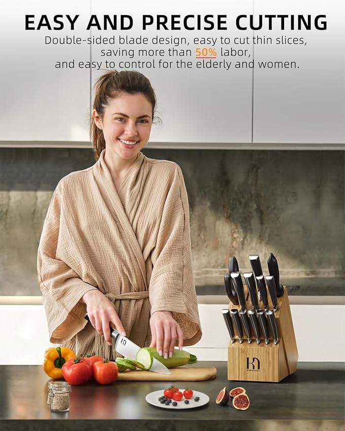 Knife Set, 15 Pcs Knife Block Set, Enduring Razor-Sharp Japanese High Carbon Stainless Steel Chef Knife Set with Block and Sharpener, Premium Knives Set for Kitchen, Natural Bamboo Block