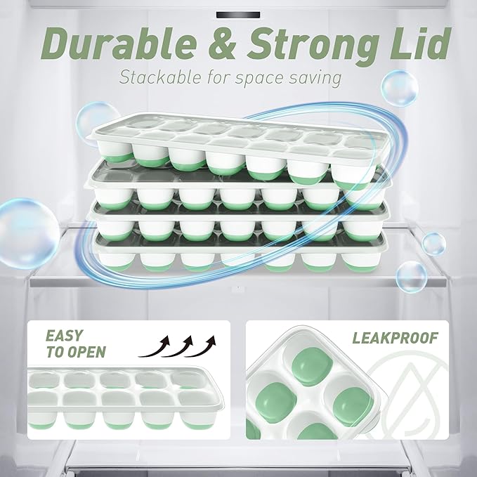 Ice Cube Tray with Lid, 2 Packs 28 Cubes Durable Stackable Ice Cube Trays for Freezer with Removable Lids, Easy-Release Plastic & Silicone Ice Tray for Cocktail, Coffee
