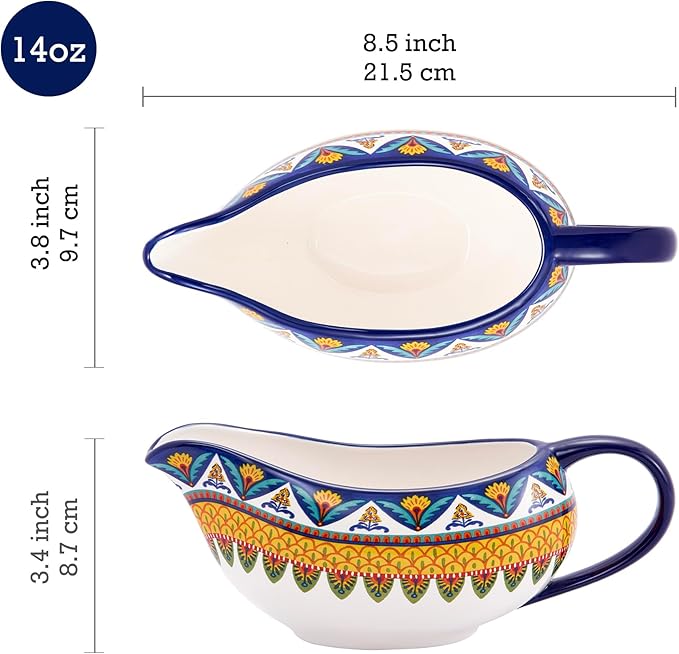 Bico Havana 14oz Gravy Boat with Large Handle, Ceramic Sauce Boat for Creamer, Salad Dressings, Broth, Black Pepper Sauce