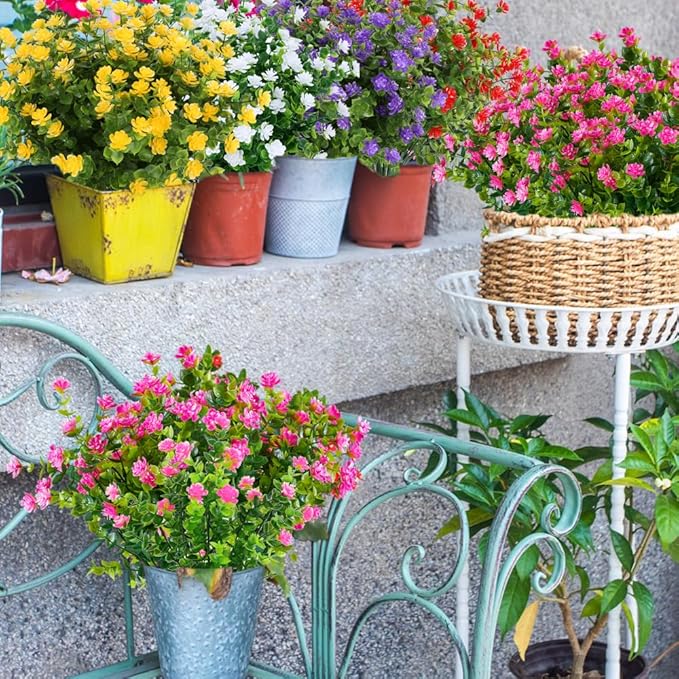 10PCS Artificial Eucalyptus Plants,Fake Boxwood Shrubs UV Resistant No Fade Faux Plastic Greenery for Wedding Bridal Bouquet Indoor Outdoor Home Garden Kitchen Office Table Vase(Pink)