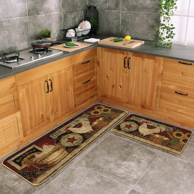 Farmhouse Decorative Kitchen Rugs and Mats Set of 2, Farm Rooster Non-Slip Kitchen Mats,Seasonal Holiday Party Sets Washable Low-Profile Floor Mats - 17x29 and 17x47 Inch