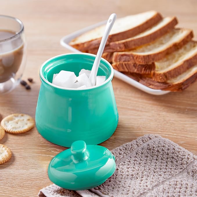 Turquoise Sugar Bowl with Lid and Spoon, 12 oz Teal Ceramic Sugar Bowl with Spoon, Sugar Container for Coffee Bar, Sugar Jar Sugar Dispenser Bowl, Teal Kitchen Decor and Accessories