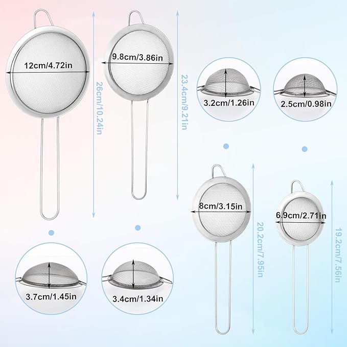4 Pcs Stainless Steel Fine Mesh Strainer Small Metal Colanders and Sifters Sieves with Handles 4 Sizes Versatile Kitchen Strainer for Steeping Loose Leaf Tea Straining Juice and Sifting Flour Sugar