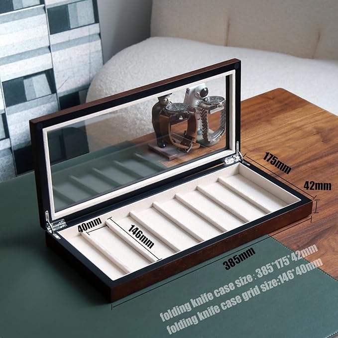 Bonaking Knife Display Case for 8 Pocket Knives Pocket Knife Case Storage Box for Men's Gift Knife Cases for Collections with Walnut Finish and Glass Window Top