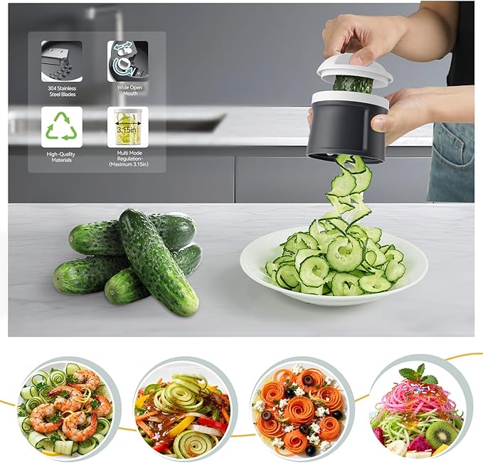 3 in 1 Vegetable Spiralizer Slicer, Adjustable Thickness 0-3mm, Zucchini Spiralizer Veggie Noodle Maker for Cucumber/Zoodle/Salad/Spaghetti/Pasta with Food Container, Cleaning Brush, Gray