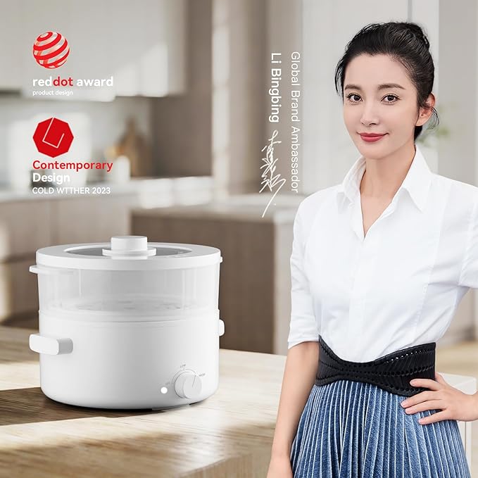 Electric Steamer for Cooking, 2L Ceramic Glaze Non-stick Pot, Dual Power Multi-functional Electric Cooker, Suitable for Steak, Pasta, Hot Pot, Ramen, Quick Heating and Overheat Protection