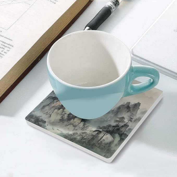 6PCS Forest Ceramic Coasters, Square Absorbent Drink Coasters, Watercolor Japan China Style Nature Mountain Woodland Green Forest Ceramic Table Coasters for Coffee, Beverage, Wine, Beer Coasters