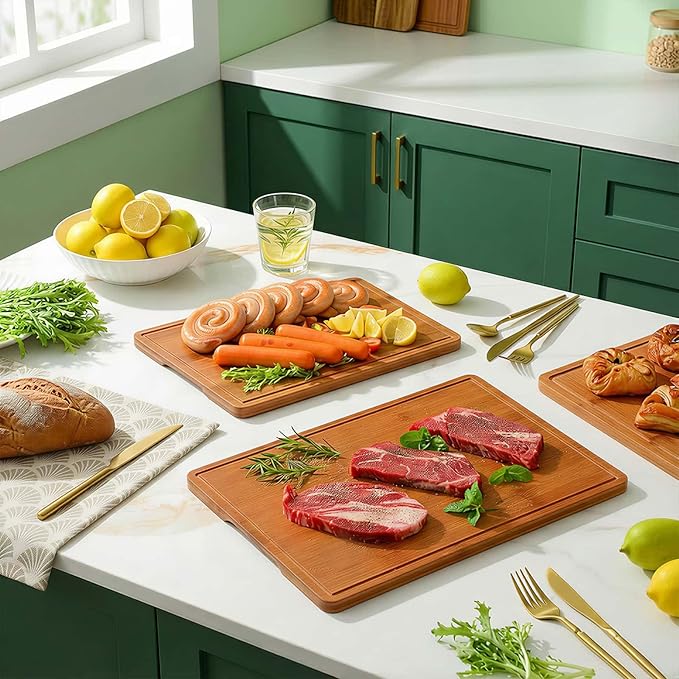 Zarler Bamboo Cutting Boards for Kitchen, 4 Piece Durable Wood Cutting Board with Juice Grooves and Handles, Wooden Chopping Board Set for Meal Prep, XL Size, Ideal Kitchen Gift