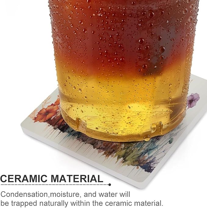 Square-4PCS Floral Ceramic Coasters, Square Absorbent Drink Coasters, Watercolour Abstract Floral Beautiful Florets Design Ceramic Table Coasters for Coffee, Beverage, Wine, Beer Coasters