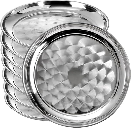8 Pack Stainless Steel Round Serving Tray with Swirl Pattern Bulk Large Round Tray Silver Metal Display Serving Platter for Coffee Party Club Home (16 Inch)