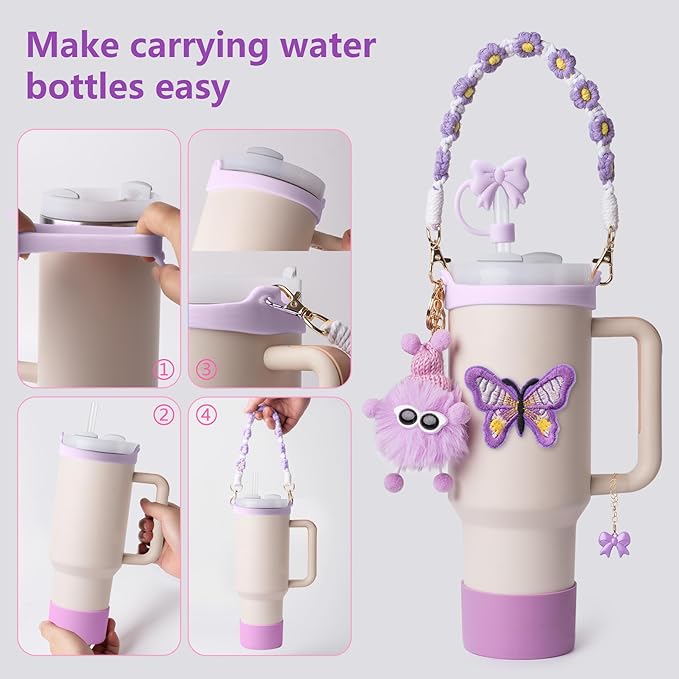 Stanley Cup Accessories Set I Water Bottle Handle Strap, Silicone Cup Boot, Lipstick Holder, Keychain Charms & Handle Charms,Straw Topper Accessories for Stanley Cups 40oz/30oz