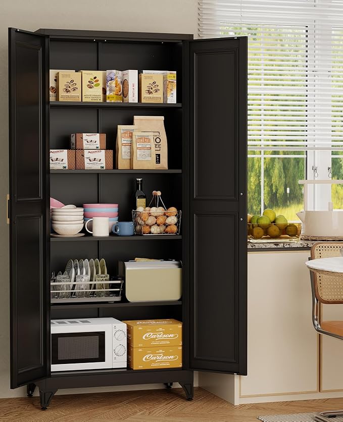 Metal Garage Storage Cabinet with 2 Doors and 4 Shelves,74.8 Kitchen Pantry Cabinet with Anti-Tip Kit & Adjustable Feet, Tall File Tool Cabinets for Office,Home,Garage,Gym