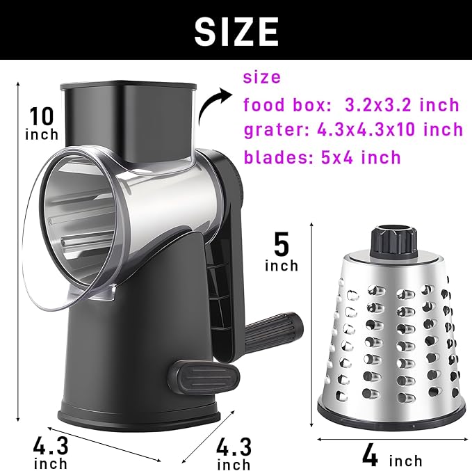 Rotary Cheese Grater with 3 Blades, Large Hand Crank Cheese Grater with Waffle Slicer, Black and White Cheese Slicer with Suction Base, Easier for Shredding& Grating (black, 3 Graters)