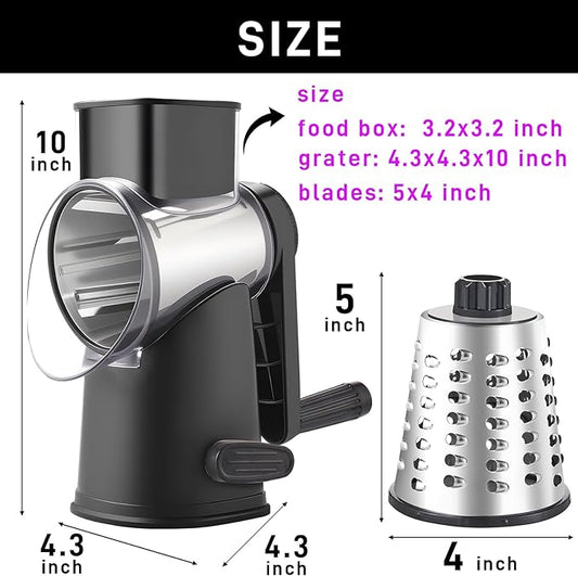 Rotary Cheese Grater with 3 Blades, Large Hand Crank Cheese Grater with Waffle Slicer, Black and White Cheese Slicer with Suction Base, Easier for Shredding& Grating (black, 3 Graters)