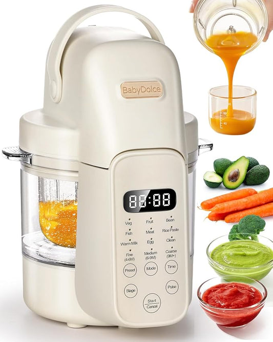Baby Dolce Baby Food Maker, 9 in 1 Glass Baby Food Processor Steamer Puree Blender with 6 Blades, One Step Cook Grinding, Touch Screen Control, Multifunctional Blender with 24h Timer, Dishwasher Safe