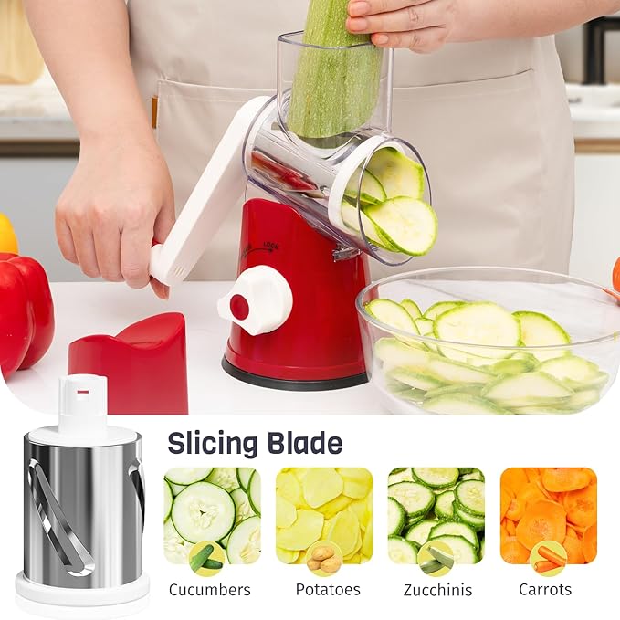Rotary Cheese Grater Hand Crank, 3 Blades Slicer Shredder, Cheese Grater for Kitchen, Multi-Functional Kitchen Tool for Vegetables, Nuts, Chocolate, with Strong Suction Base, Red