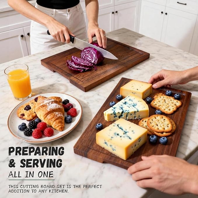 3-Piece Solid Walnut Wood Cutting Boards with Anti-Slip Holder, Chopping Block with Juice Deep Groove & Invisible Handles for Kitchen Meats Vegetables, 100% Natural Walnut, Perfect Housewarming Gift