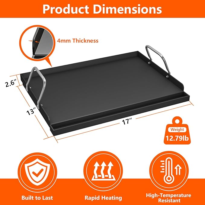 17" x 13" Cast Iron Griddle for Gas Grill, Universal Flat Top with Nano-Ceramic Nonstick Coating, Grease Groove and High Sidewalls, Griddle Plate Insert for Camping, Tailgating and Parties