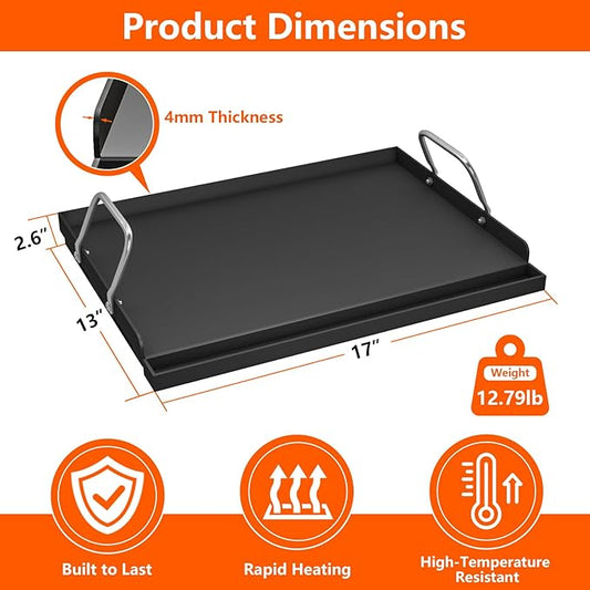 17" x 13" Cast Iron Griddle for Gas Grill, Universal Flat Top with Nano-Ceramic Nonstick Coating, Grease Groove and High Sidewalls, Griddle Plate Insert for Camping, Tailgating and Parties