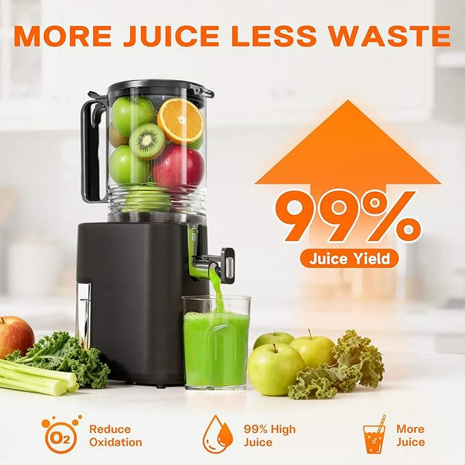 Cold Press Juicer, 5.5" Wide Feed Chute Juice Machine, High Juice Yield, Slow Masticating Juicer for Whole Vegetables & Fruits,Concealed Pulp Container Design for Aesthetic Appeal and Practicality