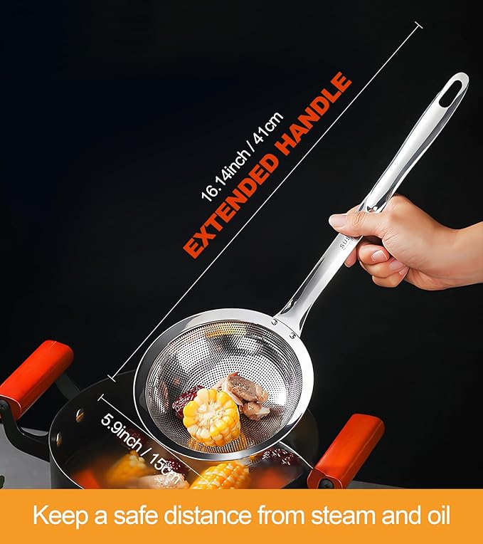 Ugotit Skimmer Spoon, Fine Mesh Stainless Steel Colander, Oil Separator for Frying and Gravy, Strainer Spoon for Kitchen (DIA 5.9Inch)