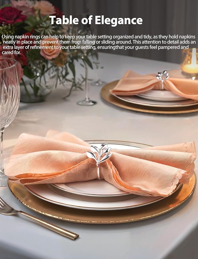 Leaf Napkin Ring Holder Set of 12 Silver Color Dining Table Décor for Wedding Party Dinner Banquet Thanksgiving Halloween (Silver 12pcs)