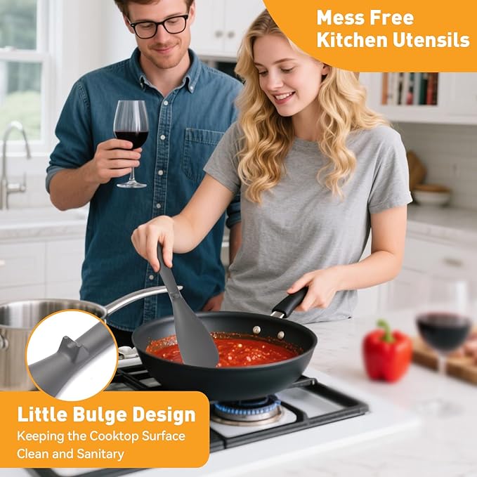 Multifunction Cooking Spoons for Nonstick Cookware, Seamless Design Silicone Spatula Spoon for Mixing, Scoop and Scrape, Dishwasher Safe, 2 Pack, Gray