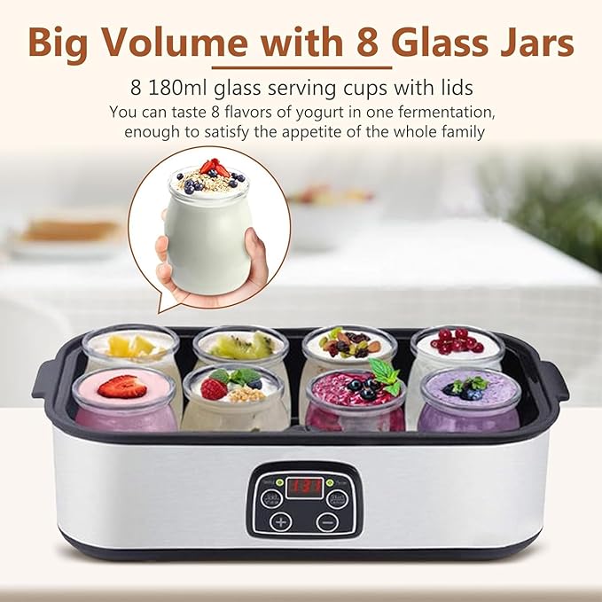 Automatic Yogurt Maker with 8 Jars 1400ml Digital Yogurt Maker Machine Adjustable Temperature 48H Time Control for Fresh Homemade Yogurt Dessert, LED Display Multi-Function Electric Yogurt Machine