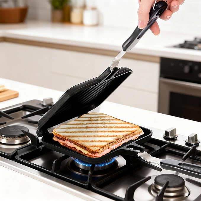 Elsjoy Hot Sandwich Maker, Grilled Sandwich Press with Handle, Stovetop Toasted Sandwich Maker Aluminum Flip Pan for Home, Kitchen, Breakfast