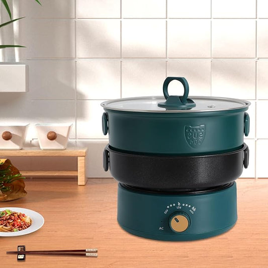 500W 1.6L Portable Electric Hot Pot with Foldable Handles, Power Adjustment Non-stick Frying Pan Mini Hot Pot Multi-Functional Ramen Noodle Cooker for Pasta, Steak (Green)