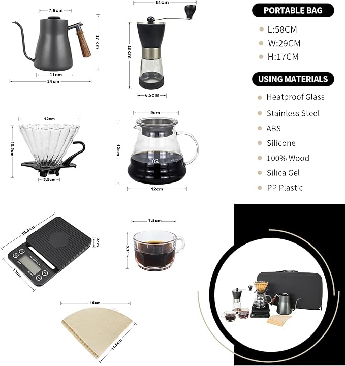 Pour Over Coffee Maker Set, Portable coffee Set - Manual Coffee Grinder, Coffee Dripper Set, Gooseneck Kettle，two cups, suitable for Camping, RV, Home, and Office