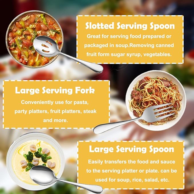 11 PCS Serving Utensils, Large Stainless Steel Spoons Forks Tongs, Pie Server, Great for Hostess Buffet Catering Banquet Party, Silver
