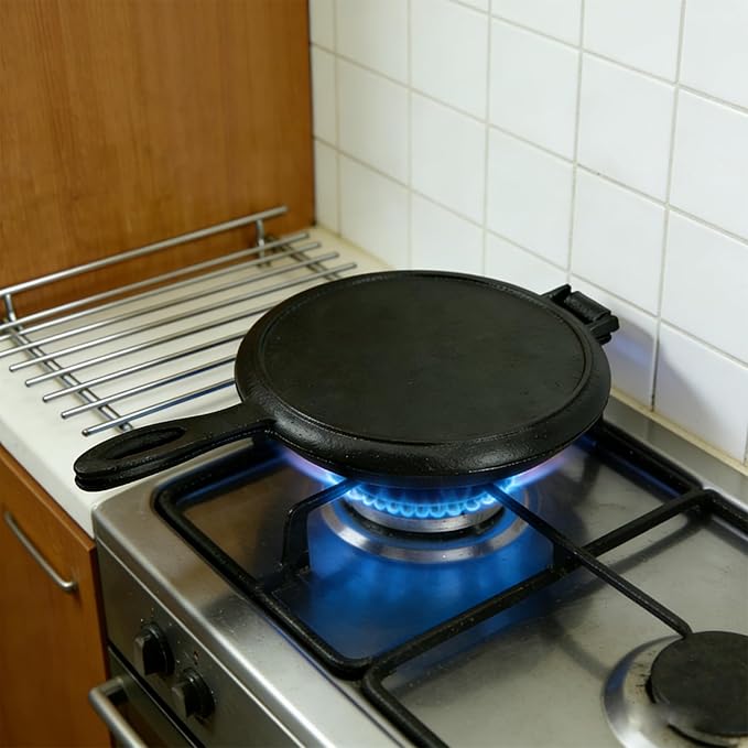 Cast Iron Waffle Cookware Two Piece Hinged Non Electric Waffle Iron for Stovetop or Grill Makes 8" Round Waffles Design Waffle Pan