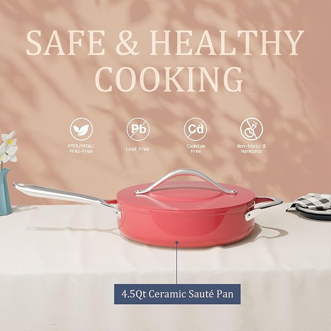 8-Piece Red Non-Stick Ceramic Pots & Pans Set with Lids, Complete Kitchen Cookware for Soup, Pasta, Boiling & Sautéing, Dishwasher Safe, Induction Compatible, From Stovetop to Oven Safe