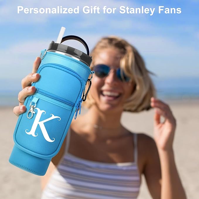 LOKASS Personalized Water Bottle Holder with Strap for Stanley Cup Accessories 40 oz Tumbler, Initial Water Bottle Carrier Bag/Phone Pocket, Mother's Day/Birthday Gifts for Women/Girls
