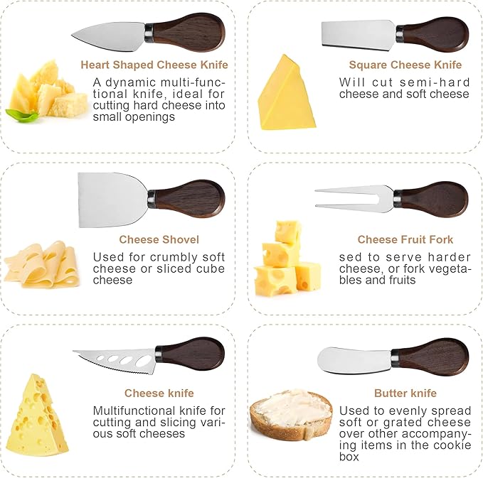 Cheese Knife Set, 6 Pcs Charcuterie Board Accessories - Cheese Knife, Spreader, Fork, Slicer, Cheese Cutter, Butter Knife, Stainless Steel Cheese Knives for Housewarming Gift (Walnut Handle)