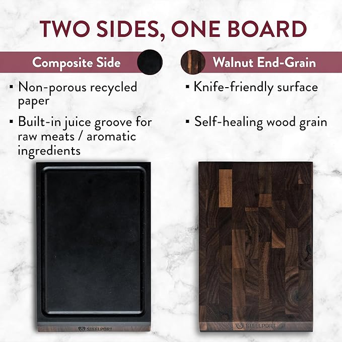 STEELPORT Mini Cutting Board 9"x6" - Steel Reinforced, Utlra-thin Butcher Block | Dual Sided - End-grain Walnut Wood, Composite Side | Chopping Board with Juice Groove | USA Made for Home, Chefs