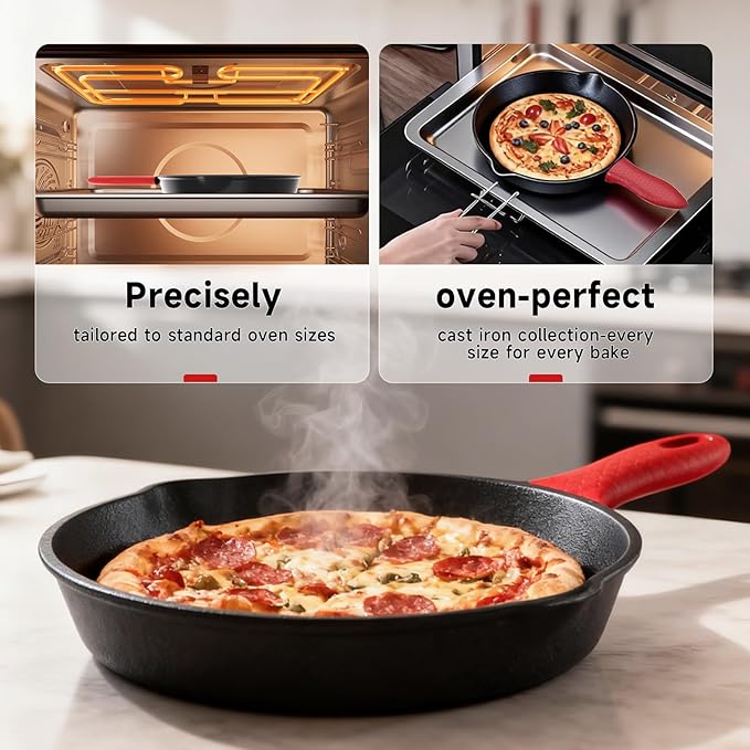 Cast Iron Skillet 3 piece set, cookware set 6, 8, 10 Inches, for frying, saute, &more, easy use in the oven, stove, grill, or campfire, black, with silicone heat-resistant cover