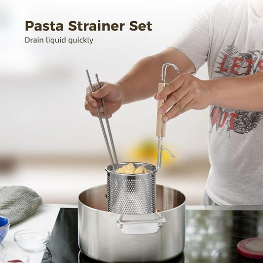 4 Pcs Pasta Strainer Set with 2 Pairs of Chopsticks, Stainless Steel Noodle Strainer, Wooden Handle Strainer, Fine Mesh Food Skimmer for Pasta, Noodle, Dumpling