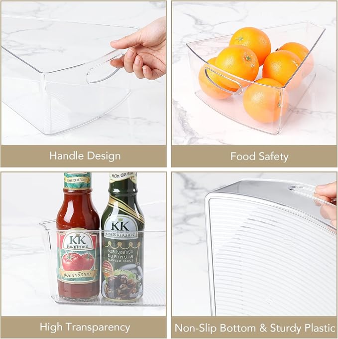 URALFA Lazy Susan Organizers Set of 8, 10"x 9.5"x 4" Corner Cabinet Organizer, Plastic Transparent Kitchen Cabinet Storage Bins with Handle, 4" Deep Container, 1/8 Wedge - Food Safe, BPA Free