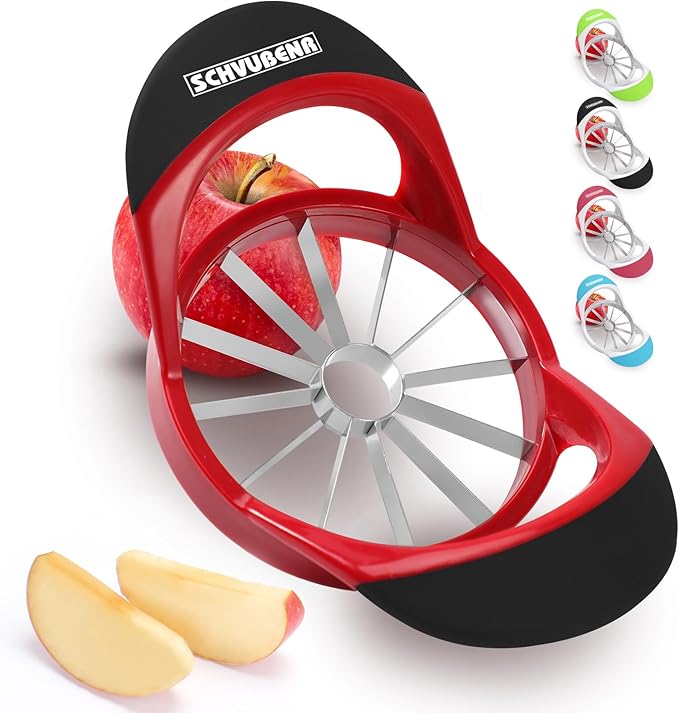 SCHVUBENR Large Apple Corer and Slicer - 4.72 Inch Apple Cutter Slicer with 12 Blades - Stainless Steel Apple Slicer - Sharp Apple Corer Tool - Anti-Slip Grip, Easy to Use & Dishwasher Safe - Red