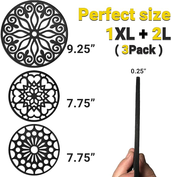 3 Set Silicone Trivet Mats with 1 Extra Large Included | Intricately Carved Insulated Flexible Durable Non Slip Thick Round Premium Trivets for Hot pots and Pans | Vintage Yellow