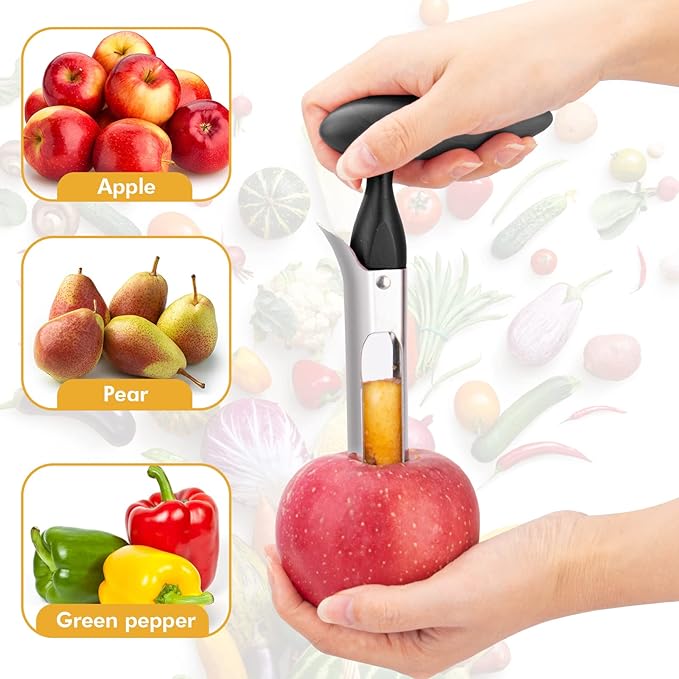 Apple Corer, Premium Stainless Steel Apple Corer Tool,Sturdy Ergonomic Handle, Easy to Use and Clean, Durable,Remover for Pears, Bell Peppers, Fuji, Honeycrisp, Pink Lady Apples (black)