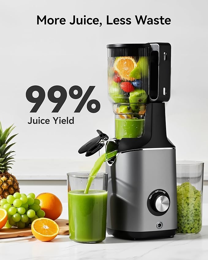 Cold Press Juicer, EUHOMY 5.6" Wide Feed Chute Juice Extractor Machine with 400W, High Juice Yield, Slow Masticating Juicer for Whole Vegetables & Fruits, Deep Gray