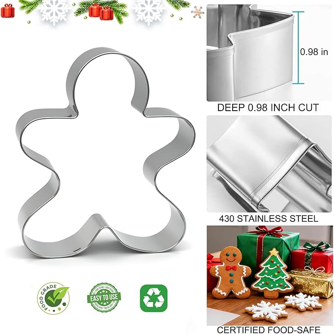 Metal Christmas Tree, Gingerbread Man, Snowflake Cookie Cutters Christmas Shapes Large Medium Small Size, Thickened Biscuit Cutter Molds Set for Winter Holiday Baking