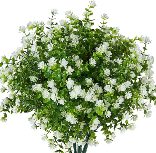 24PCS Artificial Eucalyptus Plants,Fake Boxwood Shrubs UV Resistant No Fade Faux Plastic Greenery for Wedding Bridal Bouquet Indoor Outdoor Home Garden Kitchen Office Table Vase(Milk Green)
