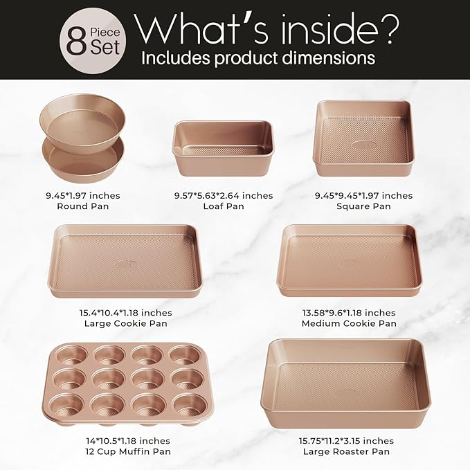 Slow Slog Baking Pans Set 8-Piece Bakeware Sets, Baking Sets for Cooking Nonstick Oven Pan Set, Baking Sheet Set, Cookie Sheets for Baking, Muffin Pan, Cookie Sheets (Ceramic Coated Gold)