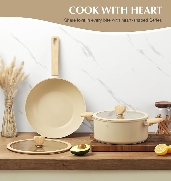 Wok with Lid, 5 Quart Wok Pan with Nonstick Cream Interior, Nonstick Wok with Cool-touch Heart-shaped Handles, Flat Bottom Woks with Lid, Deep Pan Induction Compatible, Cream Woks - 11 Inch